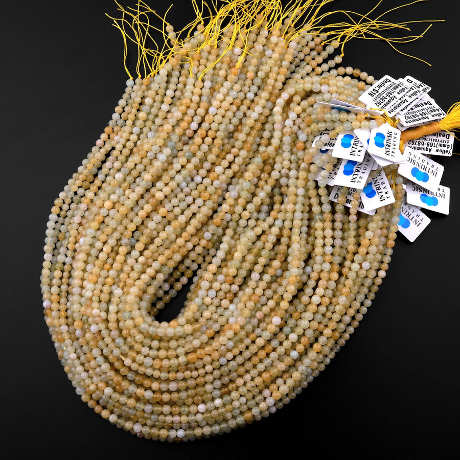 Rare Natural Yellow Aquamarine Heliodor 4mm Smooth Round Beads 15.5" Strand