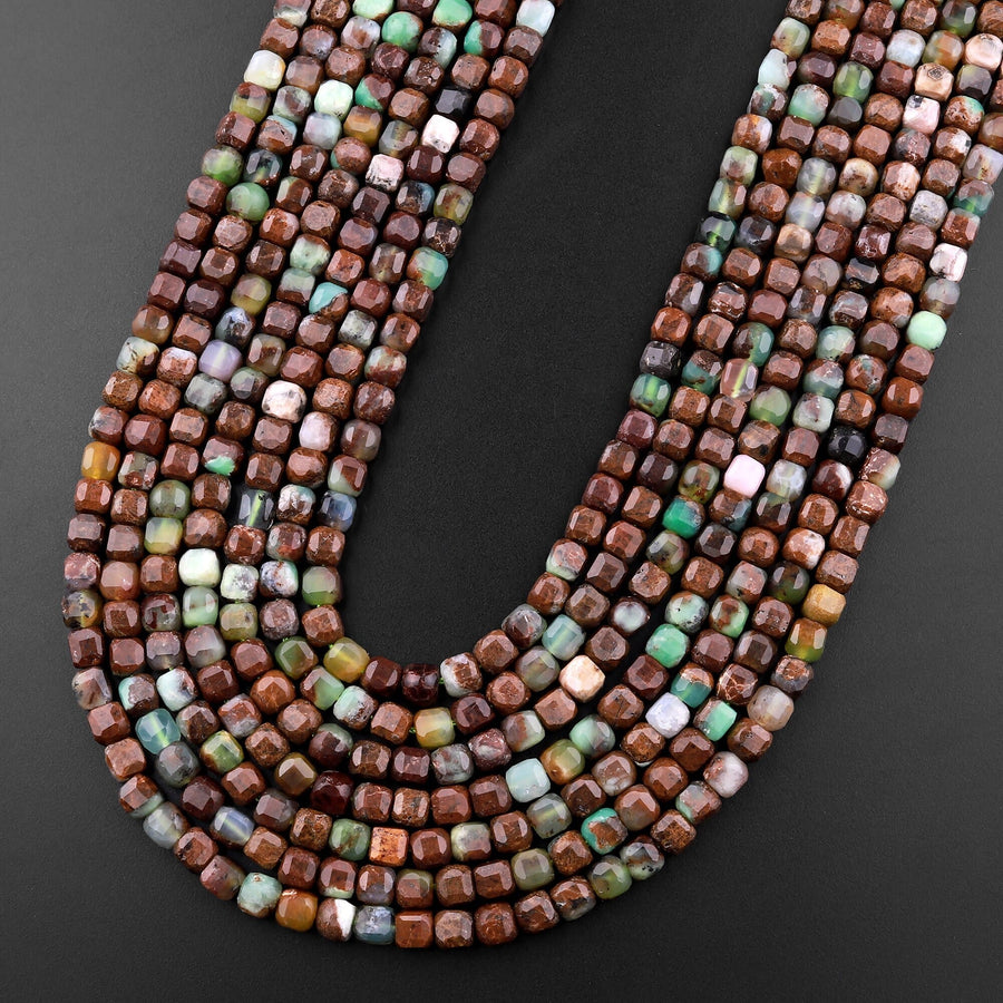 Natural Brown Green Chrysoprase Faceted 3mm 4mm Cube Square Dice Beads Gemstone From Australia 15.5" Strand