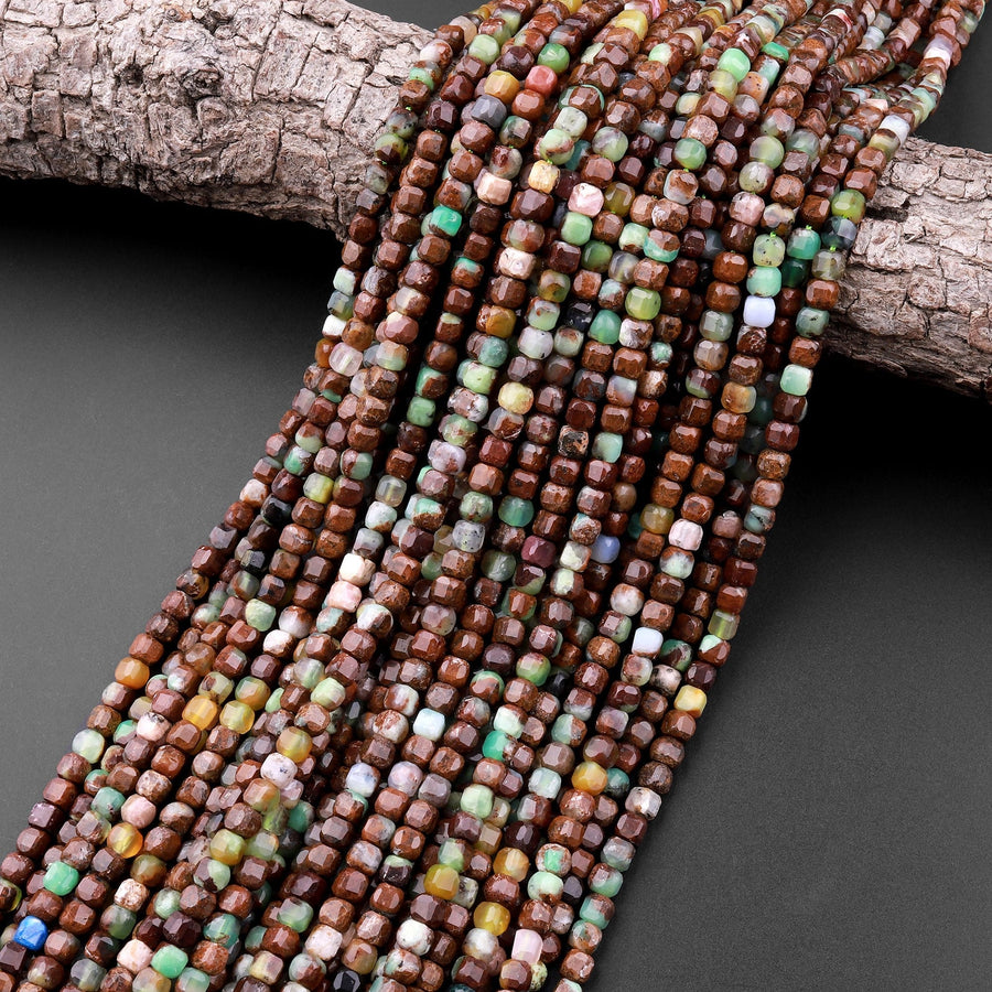 Natural Brown Green Chrysoprase Faceted 3mm 4mm Cube Square Dice Beads Gemstone From Australia 15.5" Strand