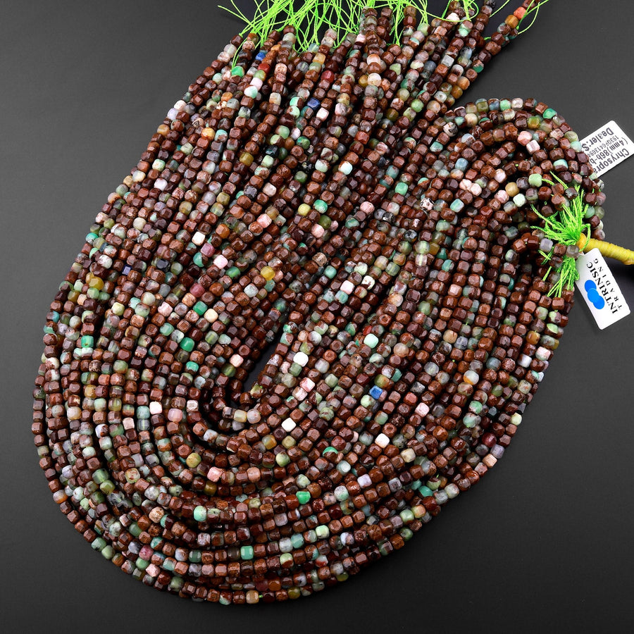 Natural Brown Green Chrysoprase Faceted 3mm 4mm Cube Square Dice Beads Gemstone From Australia 15.5" Strand