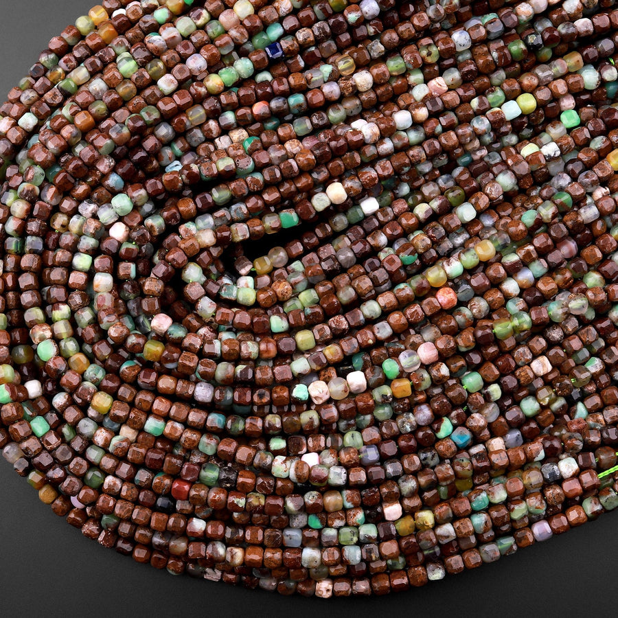 Natural Brown Green Chrysoprase Faceted 3mm 4mm Cube Square Dice Beads Gemstone From Australia 15.5" Strand