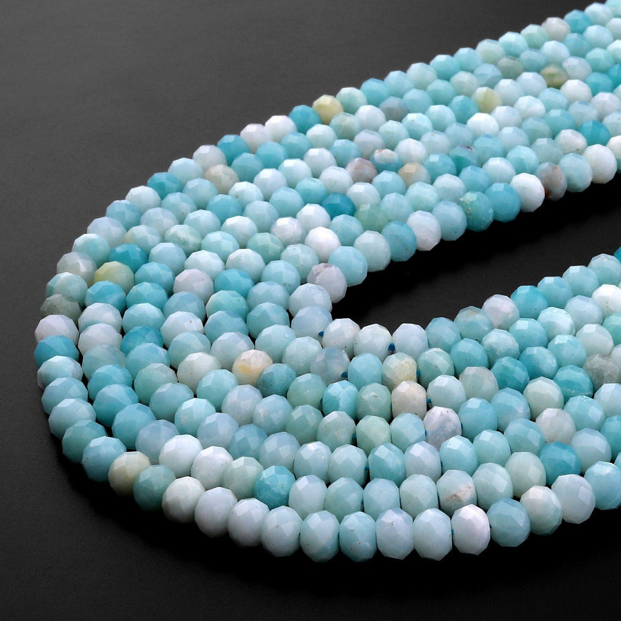 AAA Faceted Natural Blue Amazonite 5mm 6mm 8mm Rondelle Beads 15.5" Strand