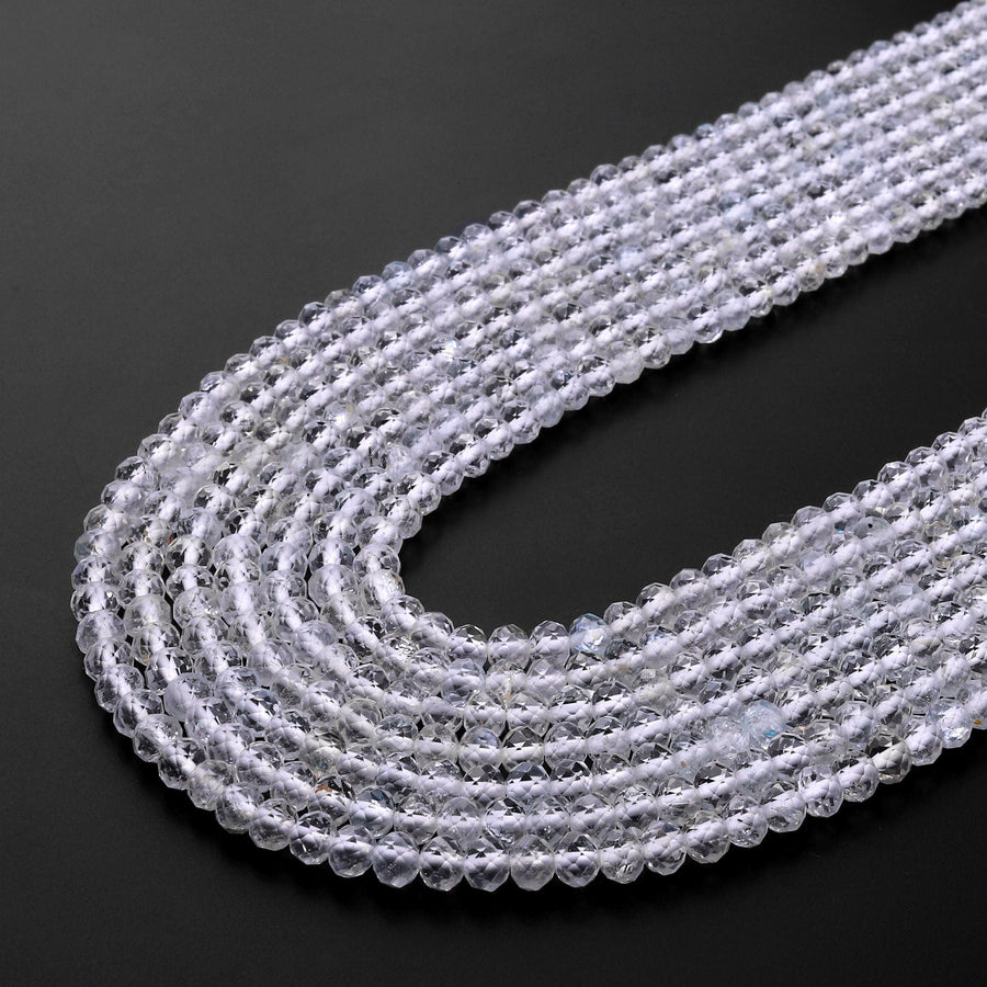 AAA Faceted Natural White Topaz 3mm 4mm Rondelle Beads Micro Laser Diamond Cut Gemstone 15.5" Strand