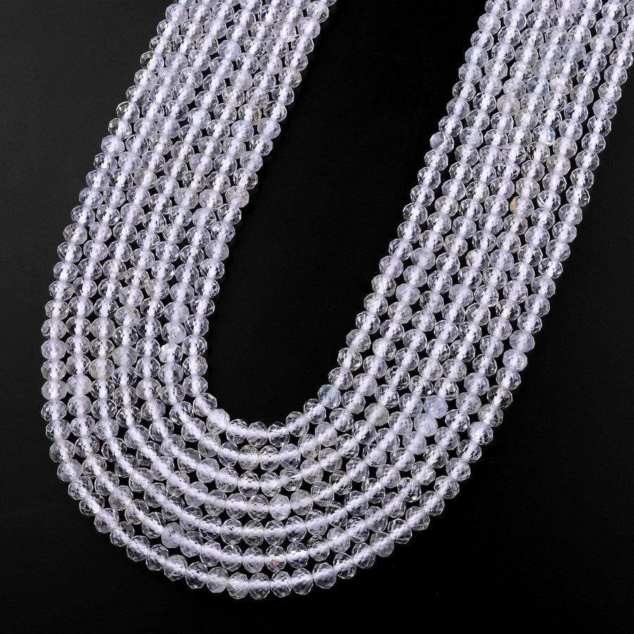 AAA Faceted Natural White Topaz 3mm 4mm Rondelle Beads Micro Laser Diamond Cut Gemstone 15.5" Strand