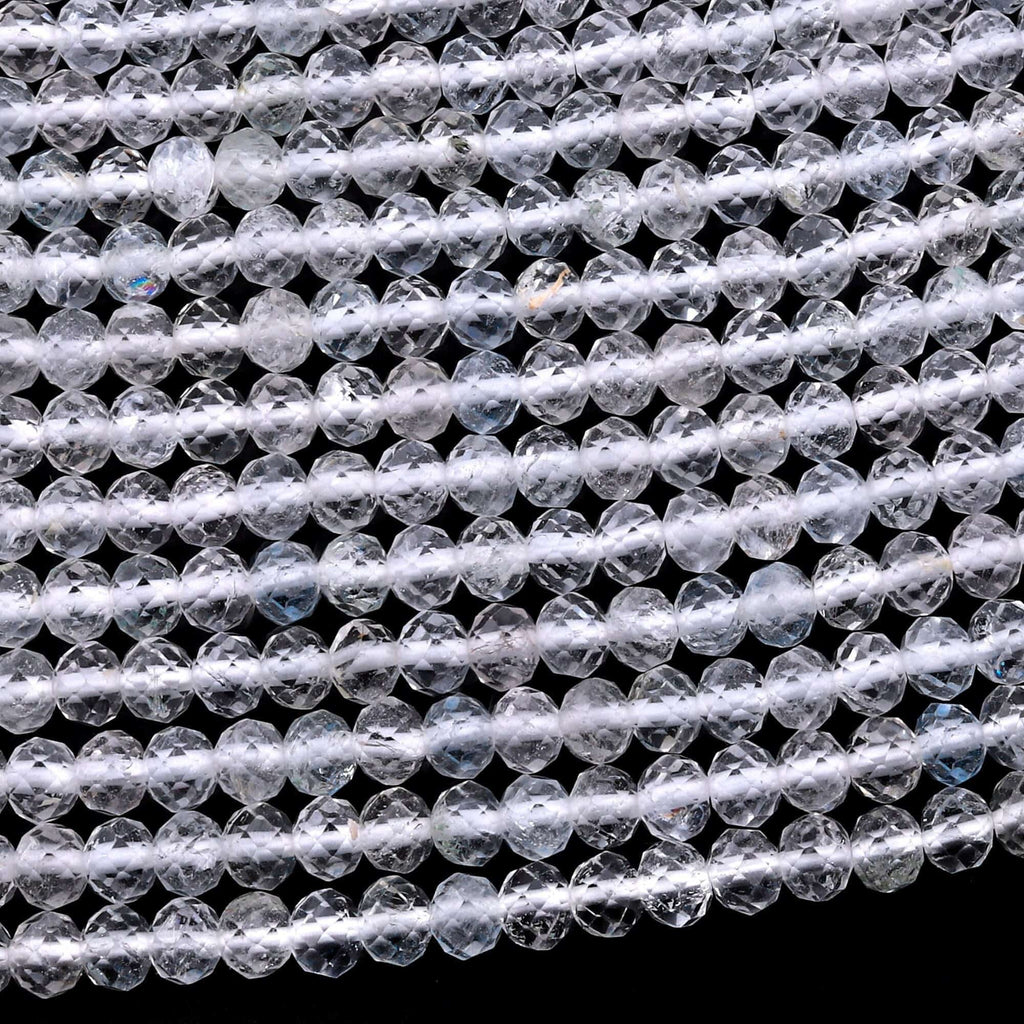 AAA Faceted Natural White Topaz 3mm 4mm Rondelle Beads Micro Laser Diamond Cut Gemstone 15.5" Strand