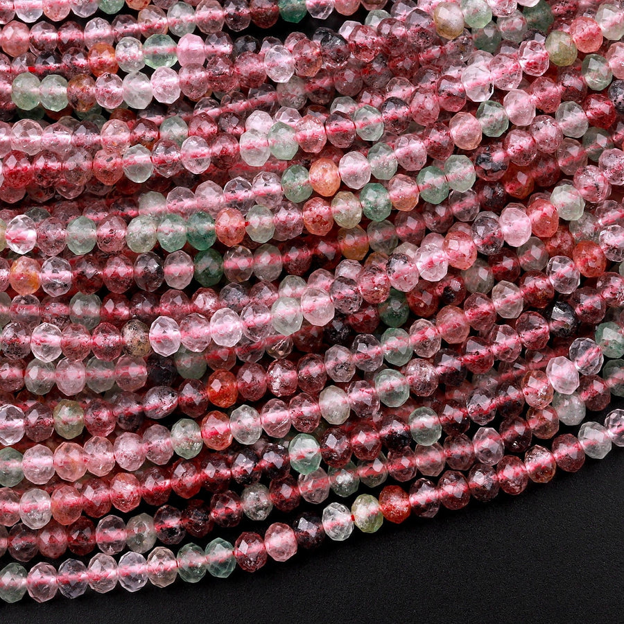 AAA Natural Strawberry Quartz Faceted 3mm 4mm Rondelle Beads Micro Laser Cut Pink Green Gemstone 15.5" Strand