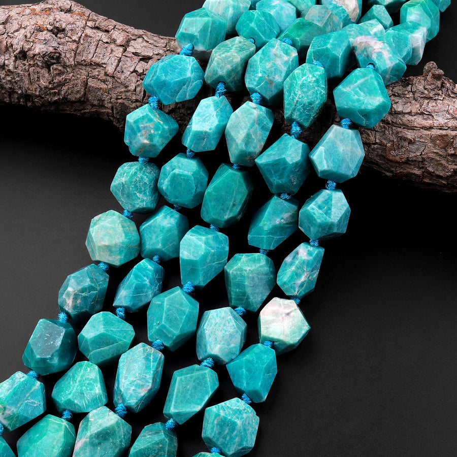 Natural Russian Amazonite Beads Chunky Large Faceted Freeform Nuggets 15.5" Strand