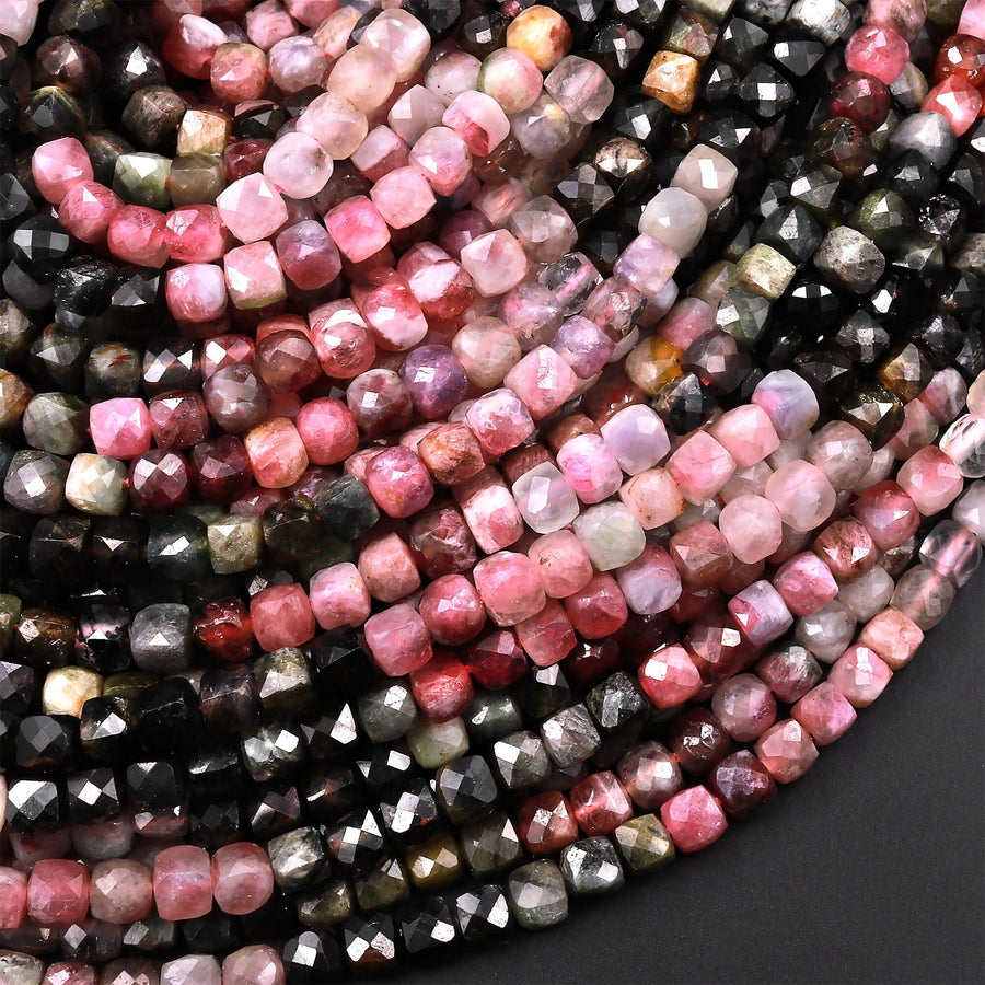 Natural Multicolor Green Pink Tourmaline Faceted 4mm Cube Beads Gemstone 15.5" Strand