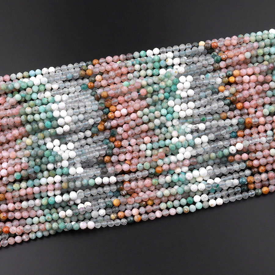 Micro Faceted Multicolor Mixed Gemstone Round Beads 3mm 4mm Amazonite Sunstone Aquamarine 15.5" Strand