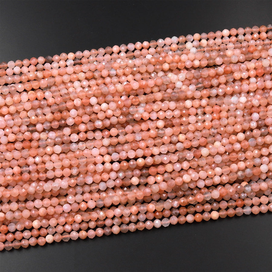 AAA Faceted Natural Peach Moonstone Round Beads 3mm 4mm 15.5" Strand