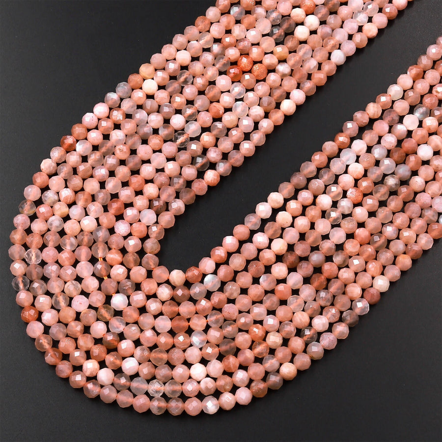 AAA Faceted Natural Peach Moonstone Round Beads 3mm 4mm 15.5" Strand
