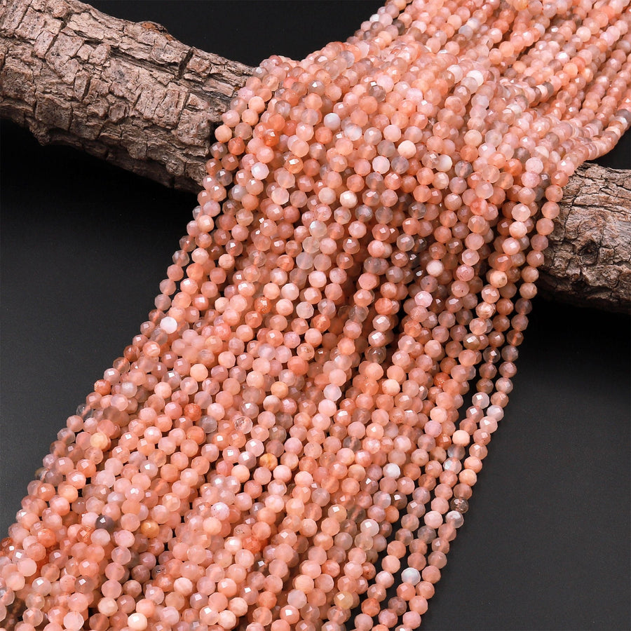 AAA Faceted Natural Peach Moonstone Round Beads 3mm 4mm 15.5" Strand