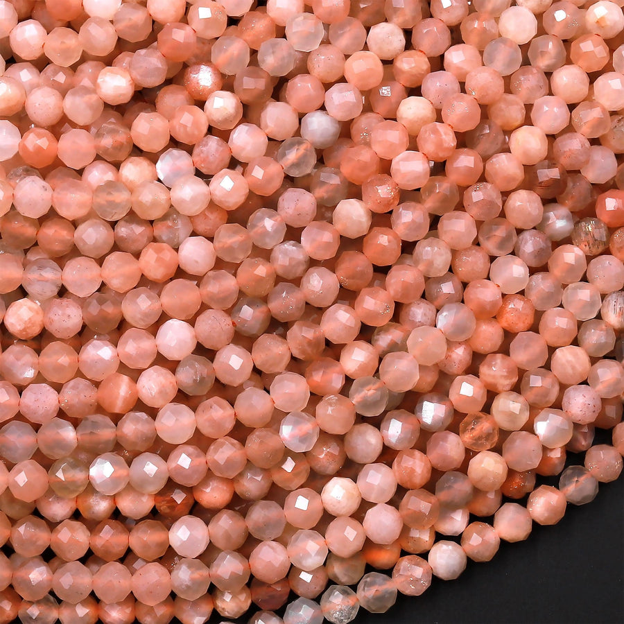 AAA Faceted Natural Peach Moonstone Round Beads 3mm 4mm 15.5" Strand