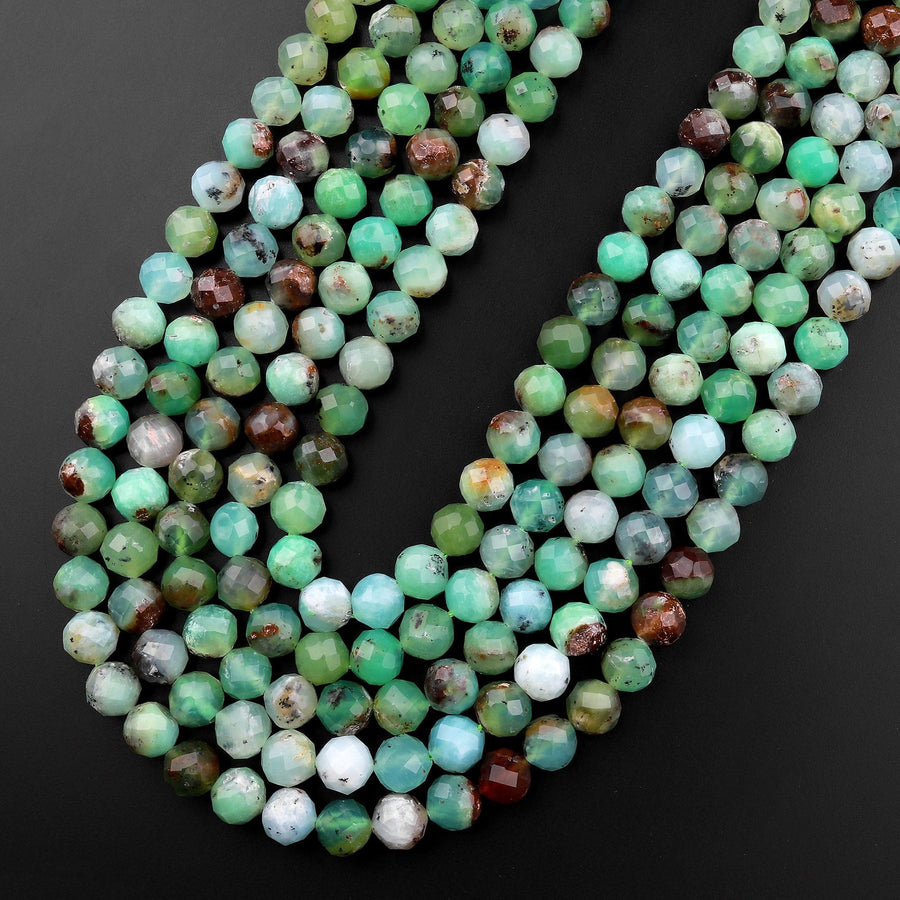 Natural Australian Green Chrysoprase Faceted Round 4mm 8mm Beads Diamond Cut Gemstone Beads 15.5" Strand