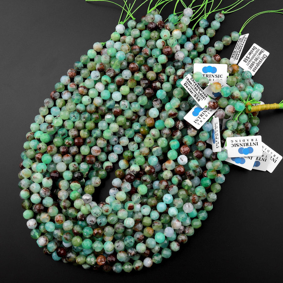 Natural Australian Green Chrysoprase Faceted Round 4mm 8mm Beads Diamond Cut Gemstone Beads 15.5" Strand