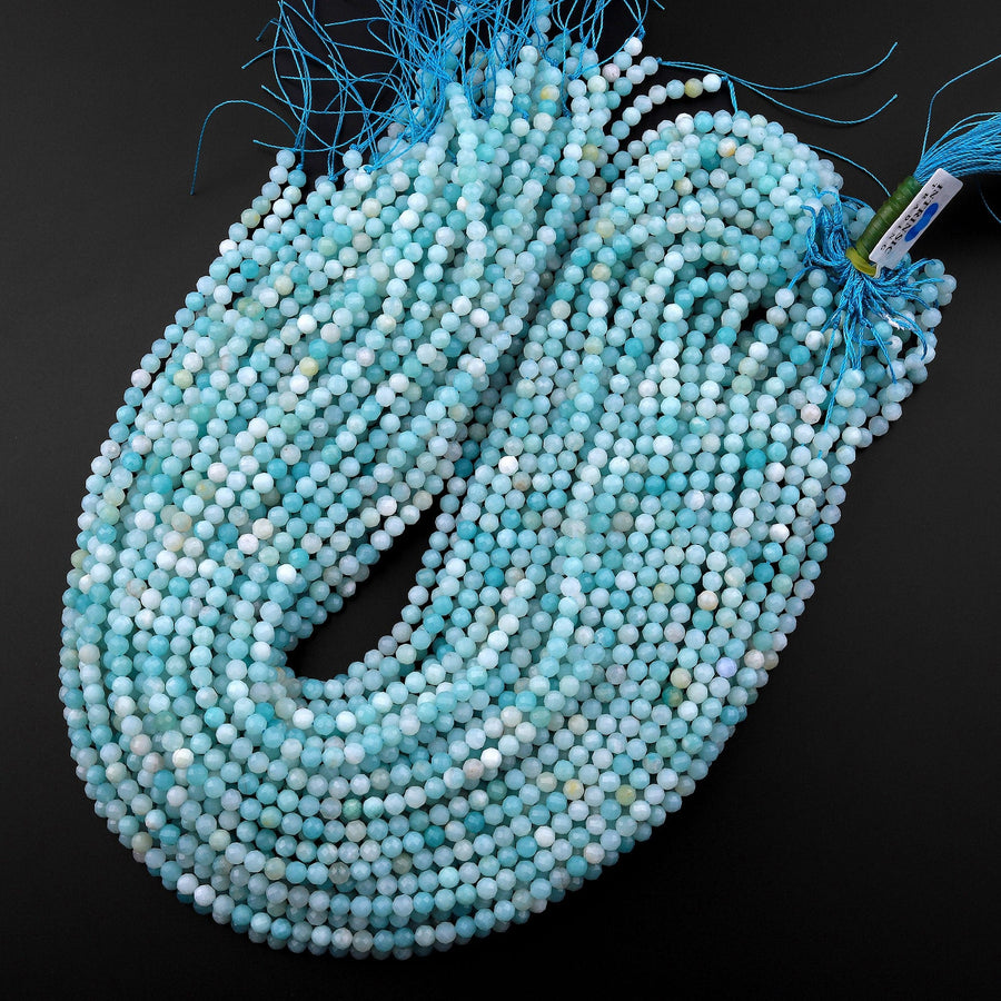 AAA Natural Blue Amazonite 4mm 5mm Faceted Round Beads Micro Laser Diamond Cut Gemstone 15.5" Strand