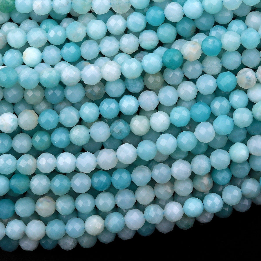 AAA Natural Blue Amazonite 4mm 5mm Faceted Round Beads Micro Laser Diamond Cut Gemstone 15.5" Strand