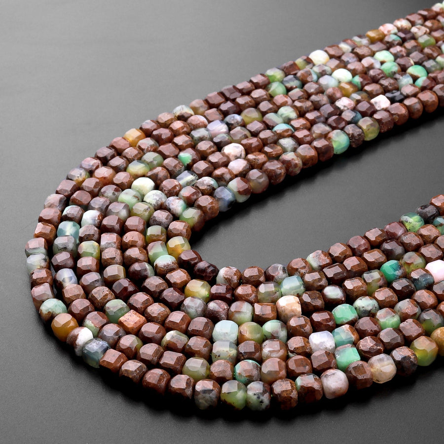 Natural Brown Green Chrysoprase Faceted 3mm 4mm Cube Square Dice Beads Gemstone From Australia 15.5" Strand