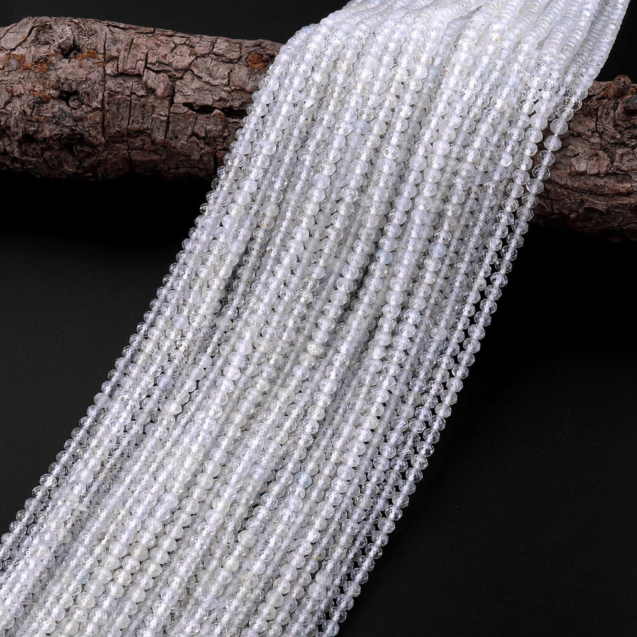 AAA Faceted Natural White Topaz 3mm 4mm Rondelle Beads Micro Laser Diamond Cut Gemstone 15.5" Strand