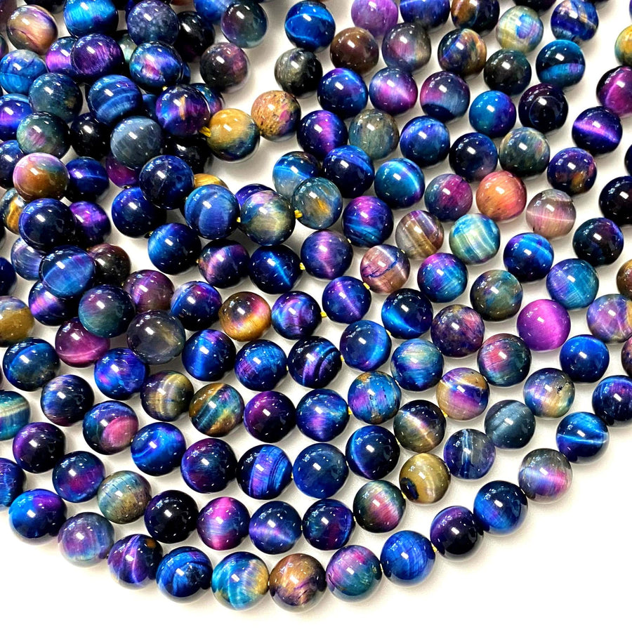 AAA Multicolor Rainbow Tiger's Eye 4mm 6mm 8mm 10mm 14mm Smooth Round Beads Aka Galaxy Tiger's Eye 15.5" Strand