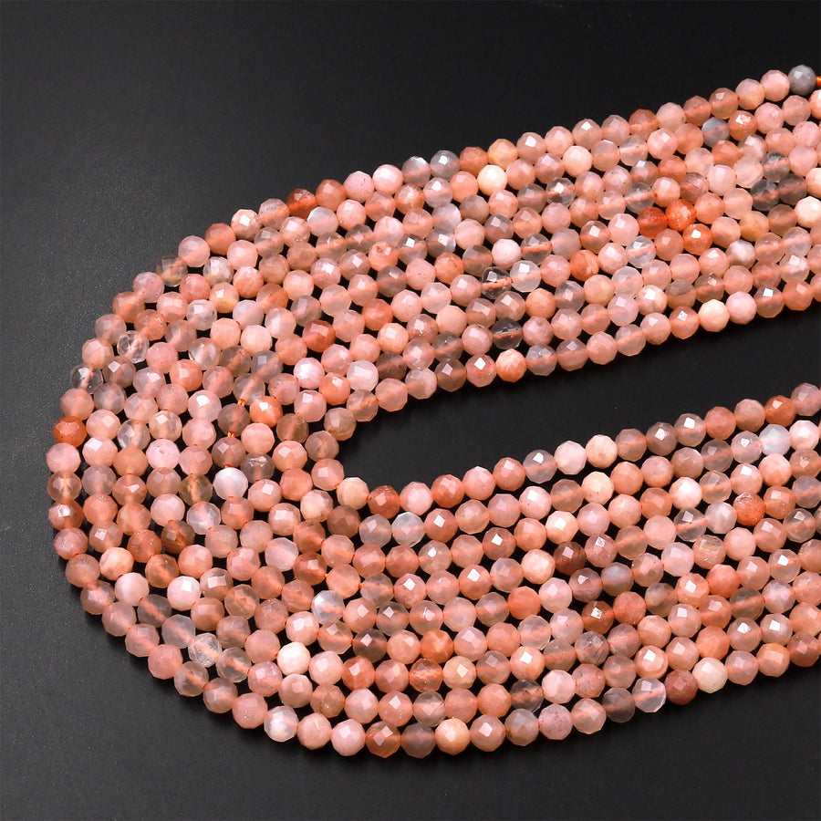 AAA Faceted Natural Peach Moonstone Round Beads 3mm 4mm 15.5" Strand