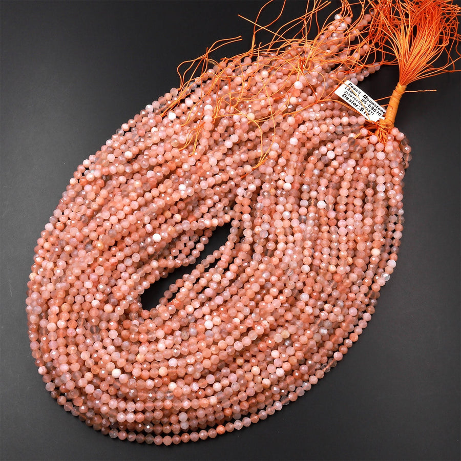 AAA Faceted Natural Peach Moonstone Round Beads 3mm 4mm 15.5" Strand