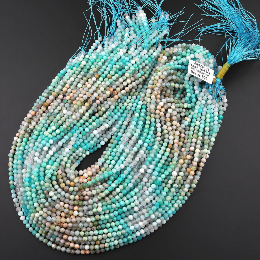Peruvian Amazonite 4mm Faceted Round Beads Multi Shaded Natural Sea Blue Green Gemstone Micro Laser Diamond Cut 15.5" Strand
