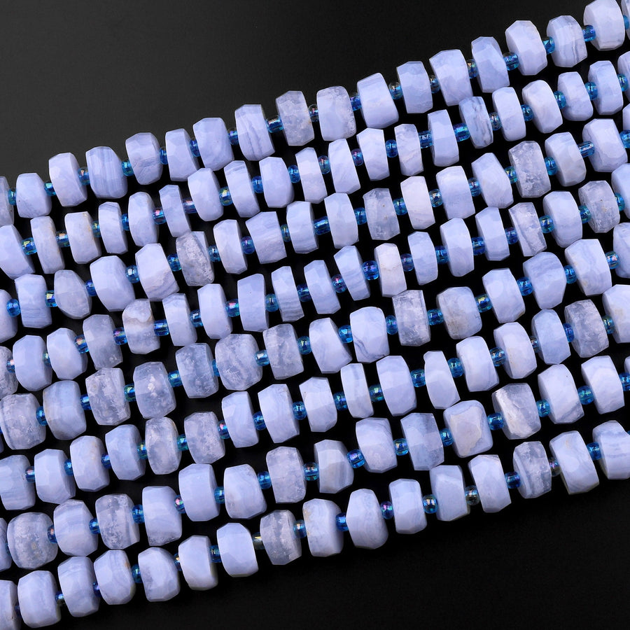 Faceted Natural Blue Lace Agate 10mm 12mm Rondelle Wheel Beads 15.5" Strand