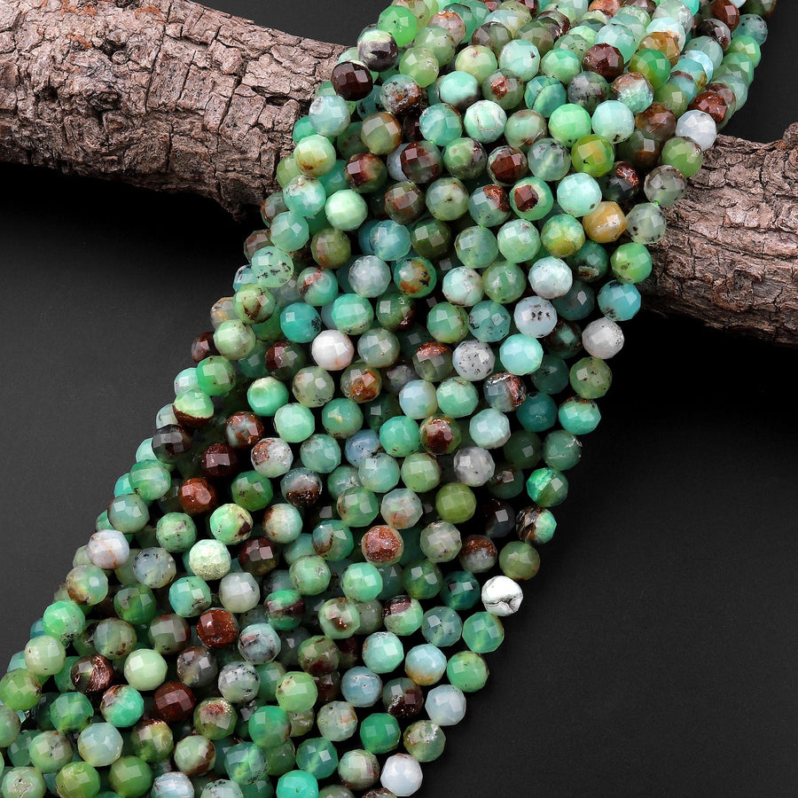 Natural Australian Green Chrysoprase Faceted Round 4mm 8mm Beads Diamond Cut Gemstone Beads 15.5" Strand
