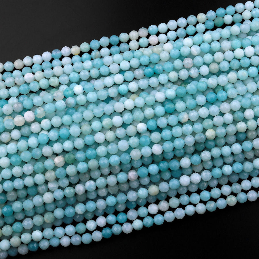 AAA Natural Blue Amazonite 4mm 5mm Faceted Round Beads Micro Laser Diamond Cut Gemstone 15.5" Strand