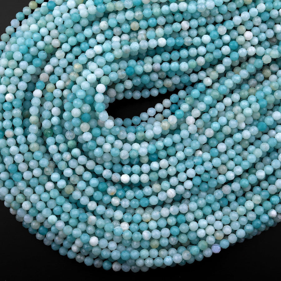 AAA Natural Blue Amazonite 4mm 5mm Faceted Round Beads Micro Laser Diamond Cut Gemstone 15.5" Strand
