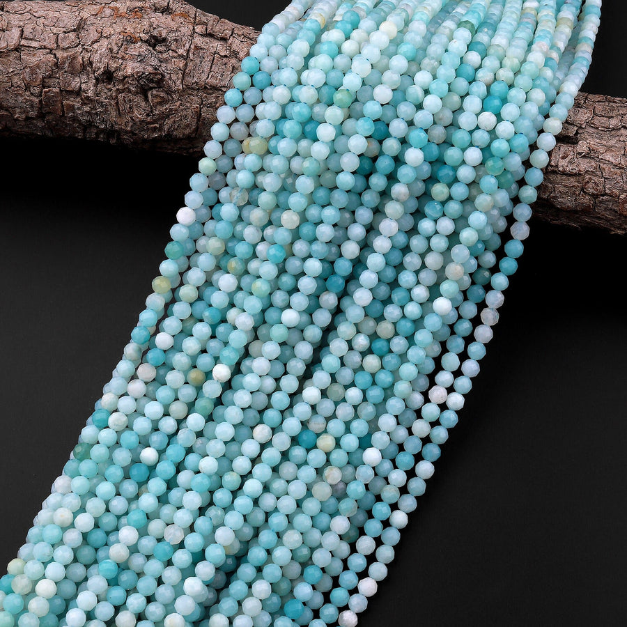 AAA Natural Blue Amazonite 4mm 5mm Faceted Round Beads Micro Laser Diamond Cut Gemstone 15.5" Strand
