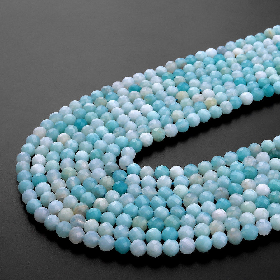 AAA Natural Blue Amazonite 4mm 5mm Faceted Round Beads Micro Laser Diamond Cut Gemstone 15.5" Strand
