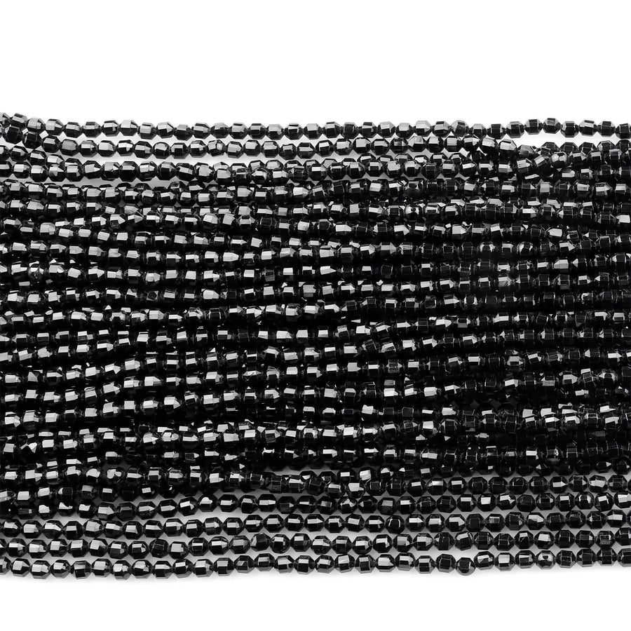AAA Natural Black Spinel 4mm Beads Faceted Energy Prism Double Point Cut 15.5" Strand