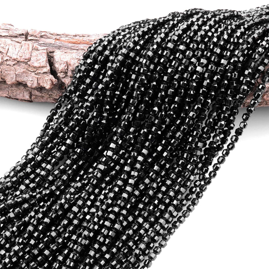 AAA Natural Black Spinel 4mm Beads Faceted Energy Prism Double Point Cut 15.5" Strand