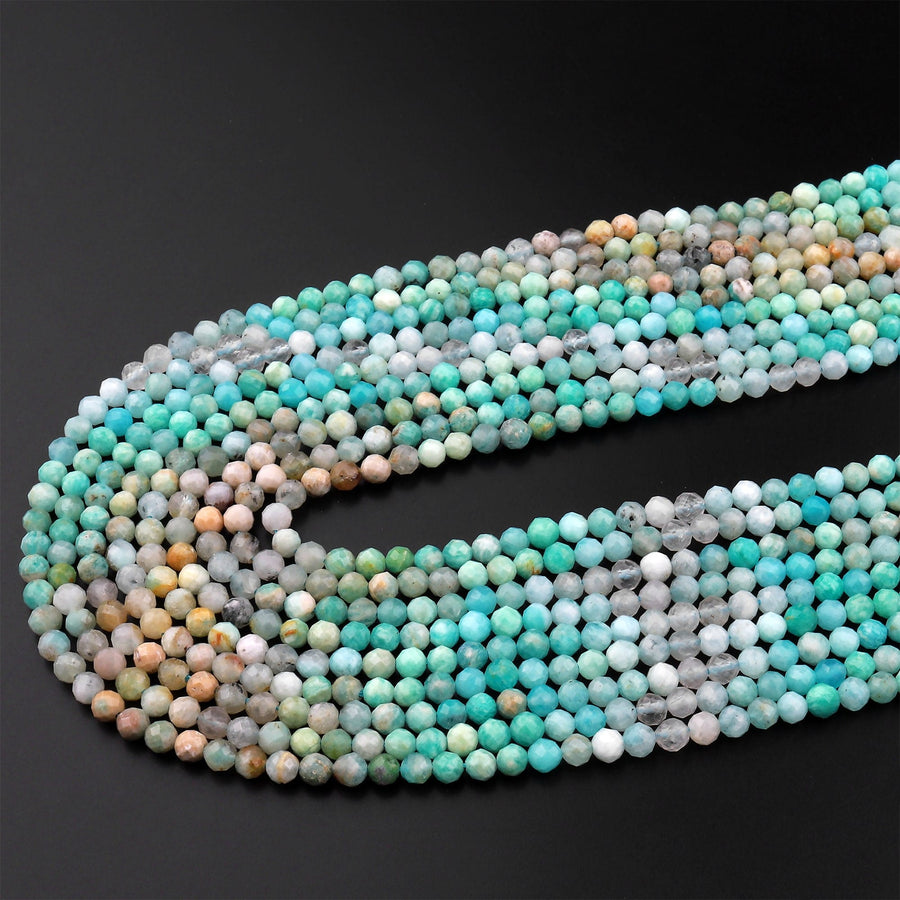 Peruvian Amazonite 4mm Faceted Round Beads Multi Shaded Natural Sea Blue Green Gemstone Micro Laser Diamond Cut 15.5" Strand