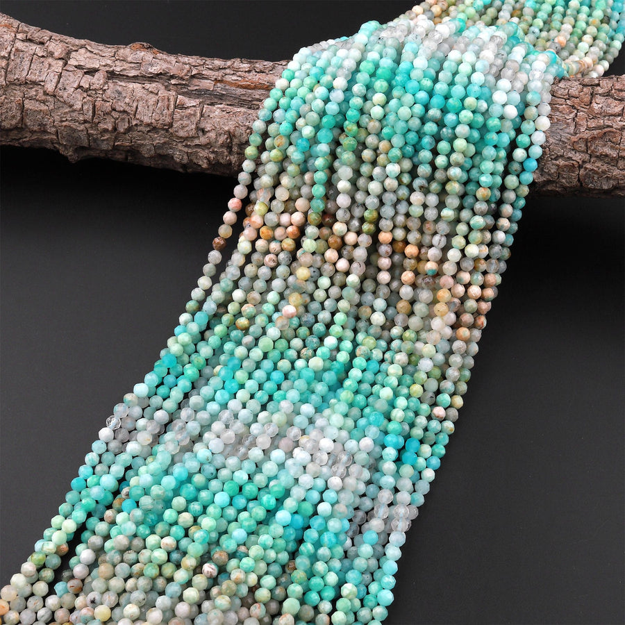 Peruvian Amazonite 4mm Faceted Round Beads Multi Shaded Natural Sea Blue Green Gemstone Micro Laser Diamond Cut 15.5" Strand