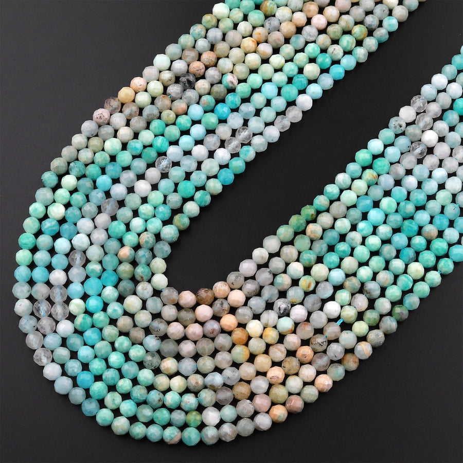 Peruvian Amazonite 4mm Faceted Round Beads Multi Shaded Natural Sea Blue Green Gemstone Micro Laser Diamond Cut 15.5" Strand