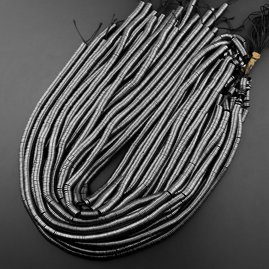 Natural Black Hematite Heishi beads 2mm 3mm 4mm 6mm 8mm Thin Rondelle 15.5" Strand