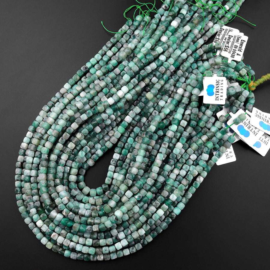 Real Genuine Natural Green Emerald 5mm 6mm Faceted Cube Beads Dice Square Gemstone 15.5" Strand