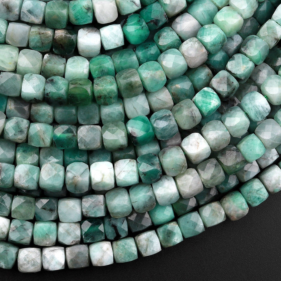 Real Genuine Natural Green Emerald 5mm 6mm Faceted Cube Beads Dice Square Gemstone 15.5" Strand