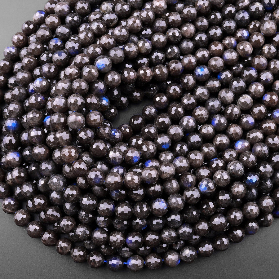 Rare Natural Black Labradorite Faceted Round Beads 6mm 8mm 10mm Blue Flashes 15.5" Strand