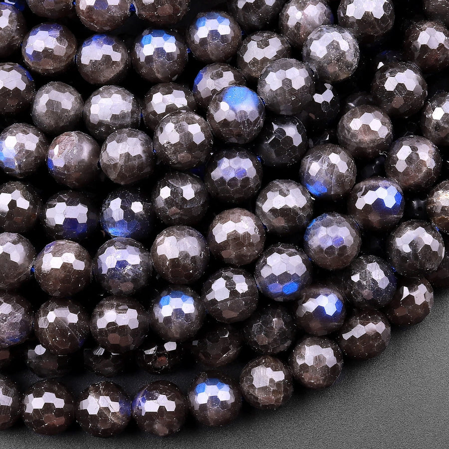 Rare Natural Black Labradorite Faceted Round Beads 6mm 8mm 10mm Blue Flashes 15.5" Strand