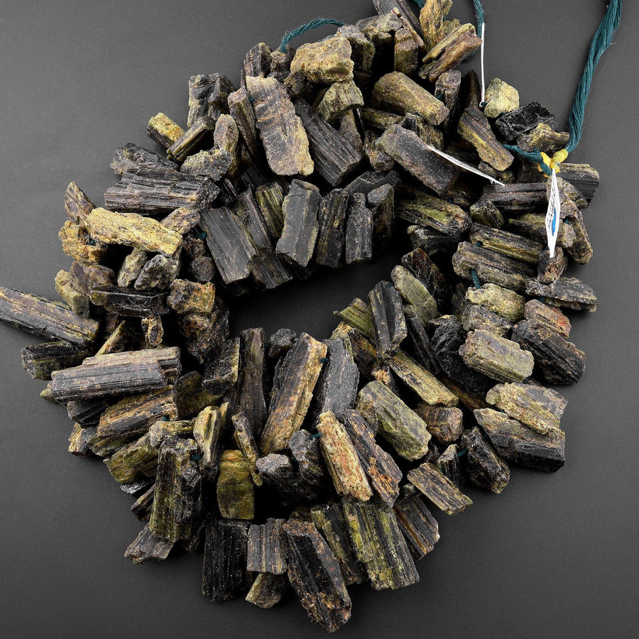 Rough Raw Natural Green Tourmaline Beads Unpolished Freeform Irregular Long Spike Rectangle Gemstone 15.5" Strand