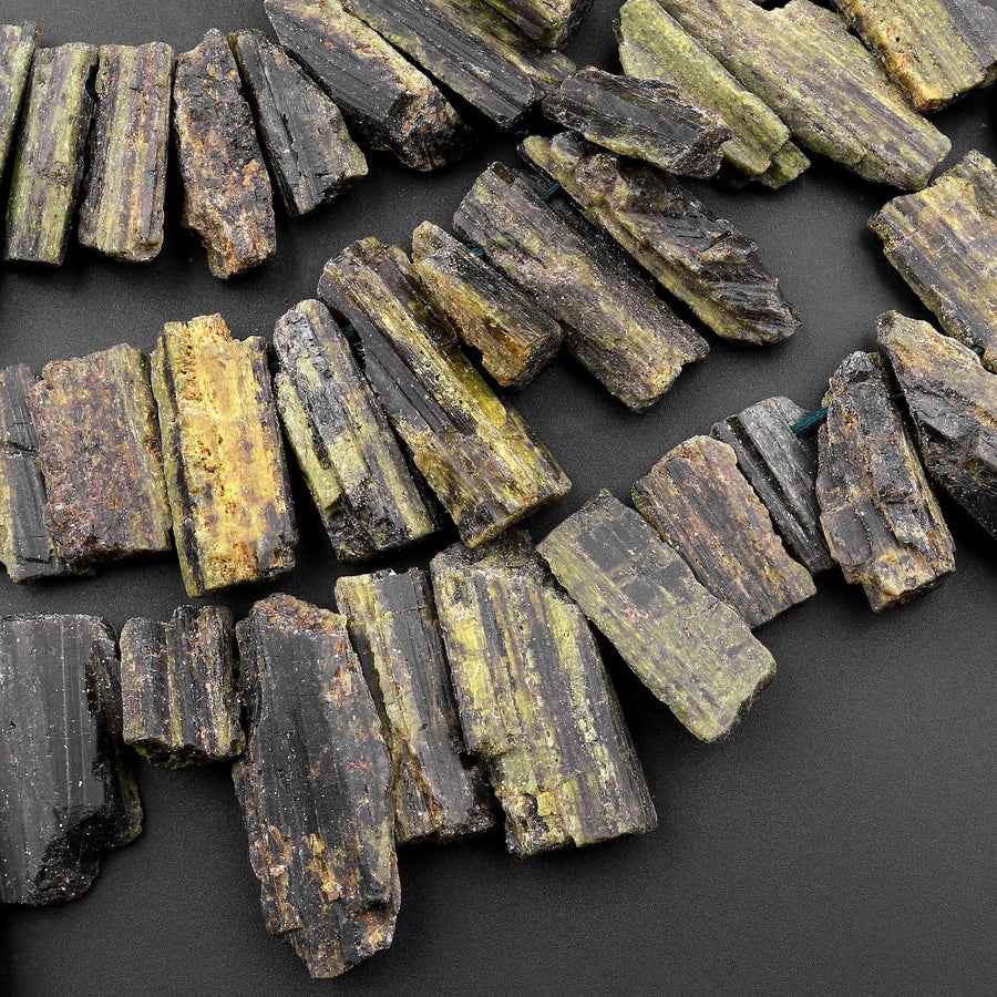 Rough Raw Natural Green Tourmaline Beads Unpolished Freeform Irregular Long Spike Rectangle Gemstone 15.5" Strand