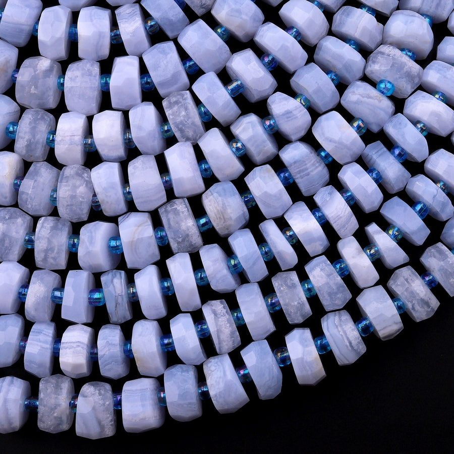 Faceted Natural Blue Lace Agate 10mm 12mm Rondelle Wheel Beads 15.5" Strand