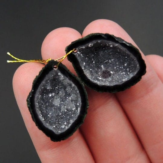 Drilled Natural Tabasco Geode Earrings Pair Black Druzy Drusy Agate Freeform Matched Gemstone Beads