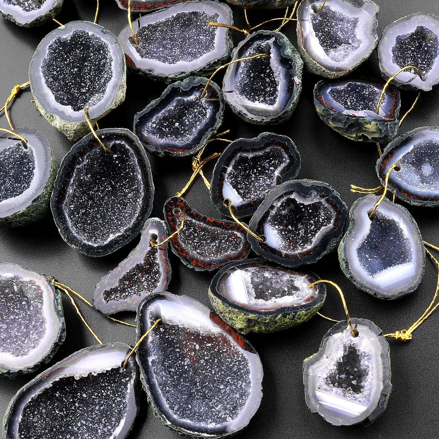 Drilled Natural Tabasco Geode Earrings Pair Black Druzy Drusy Agate Freeform Matched Gemstone Beads