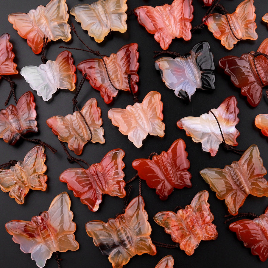 Hand Carved Natural Carnelian Butterfly Pendant Vertically Drilled Gemstone Focal Bead