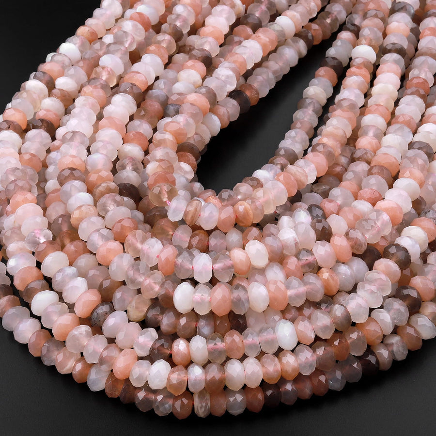 AAA Natural Multicolor Moonstone 5mm 6mm Faceted Rondelle Peach Creamy White Moonstone 15.5" Strand